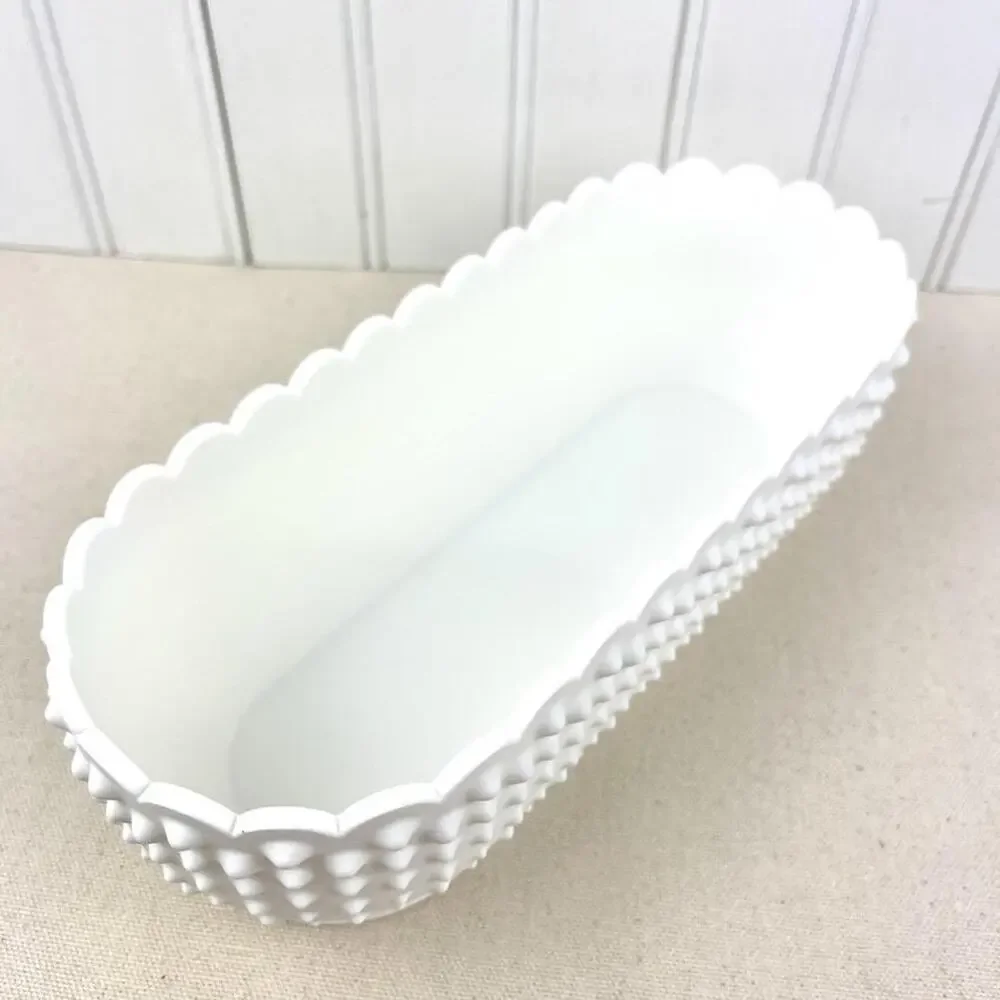 White Hobnail Bowl, Oblong Bowl, Decorative Bowl with Scalloped Edge